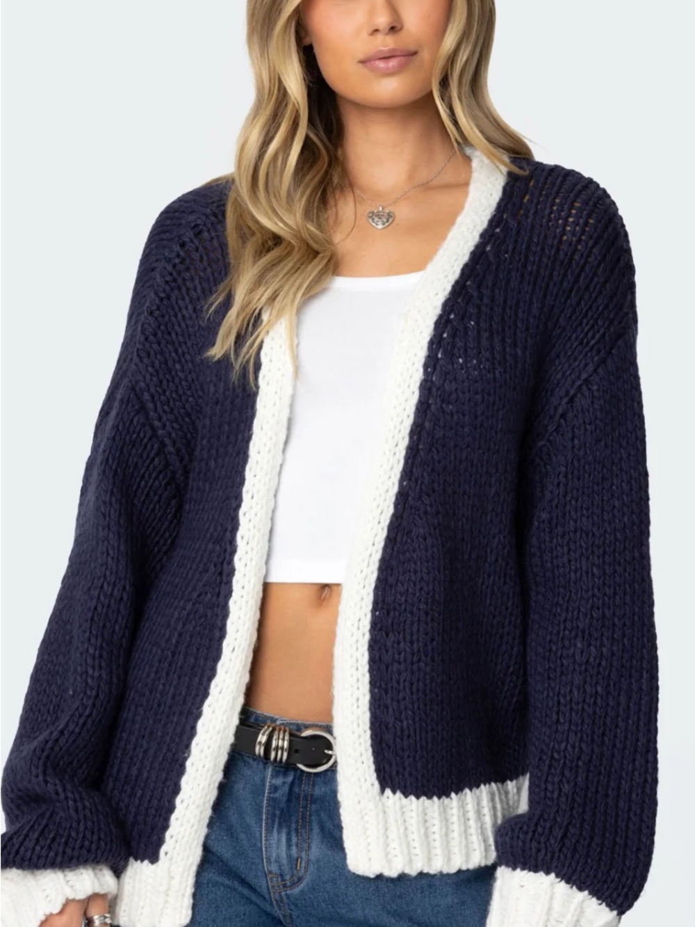 Edikted Navy and White Chunky Open Cardigan